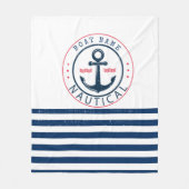 ボート航海の名、いかりネイビーブルーストライプズ フリースブランケット (正面)