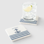 ボート航海の名、いかりネイビーブルーホワイトストライプズ ストーンコースター (横)