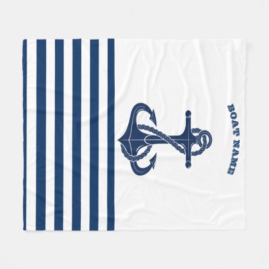 ボート航海の名、いかりネイビーブルーホワイトストライプズ フリースブランケット (正面(横))
