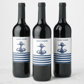 ボート航海の名、いかりネイビーブルーホワイトストライプズ ワインラベル (ボトル)