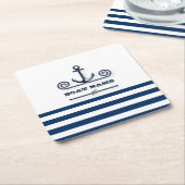 ボート航海の名、いかり、ロープ、ネイビーブルーストライプ スクエアペーパーコースター (アングル)