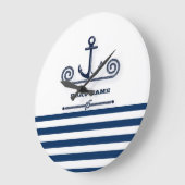ボート航海の名、いかり、ロープ、ネイビーブルーストライプ ラージ壁時計 (傾斜)