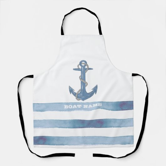 ボート航海の名、いかり、ロープ、ライトブルーのストライプ エプロン (正面)