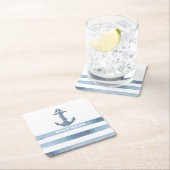 ボート航海の名、いかり、ロープ、ライトブルーのストライプ スクエアペーパーコースター (インサイチュ)