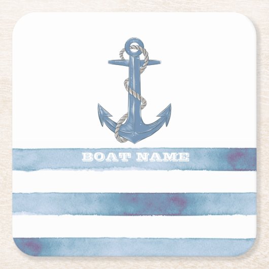 ボート航海の名、いかり、ロープ、ライトブルーのストライプ スクエアペーパーコースター (正面)