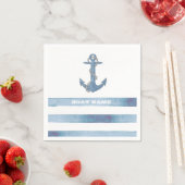 ボート航海の名、いかり、ロープ、ライトブルーのストライプ スタンダードカクテルナプキン (インサイチュ)