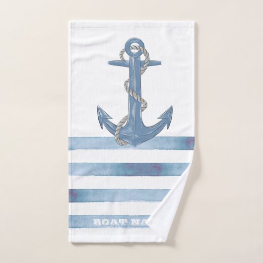 ボート航海の名、いかり、ロープ、ライトブルーのストライプ バスタオルセット (ハンドタオル)