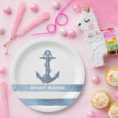 ボート航海の名、いかり、ロープ、ライトブルーのストライプ ペーパープレート (パーティー)