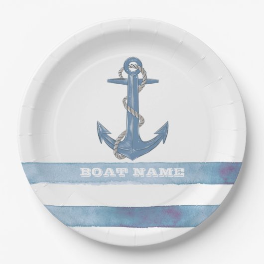 ボート航海の名、いかり、ロープ、ライトブルーのストライプ ペーパープレート (正面)