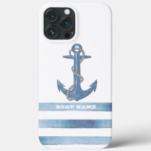 ボート航海の名、いかり、ロープ、ライトブルーのストライプ iPhone 13 PRO MAXケース