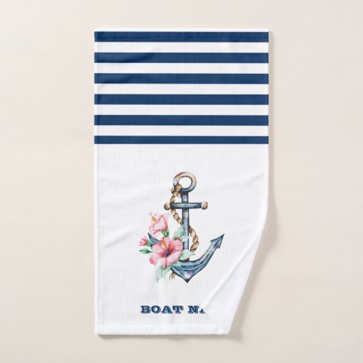 ボート航海の名、フローラいかりネイビーブルーストライプの バスタオルセット (ハンドタオル)