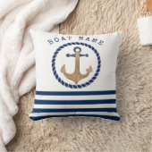 ボート航海の名、レトロいかりネイビーブルーストライプの クッション (ブランケット)