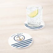 ボート航海の名、レトロいかりネイビーブルーストライプの コースター (側面)