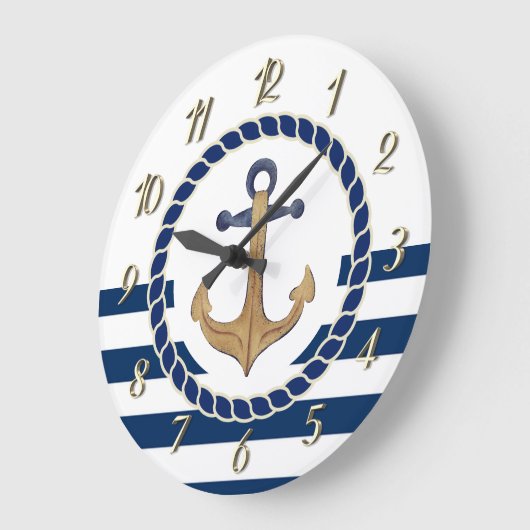 ボート航海の名、レトロいかりネイビーブルーストライプの ラージ壁時計 (傾斜)