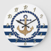 ボート航海の名、レトロいかりネイビーブルーストライプの ラージ壁時計 (正面)