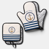 ボート航海の名、レトロいかりネイビーブルーストライプの 鍋つかみ&鍋敷きセット (正面/裏面)