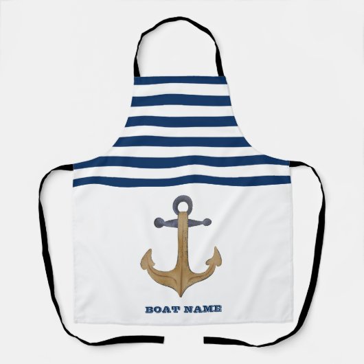 ボート航海の名、ヴィンテージいかりネイビーブルーストライプ エプロン (正面)