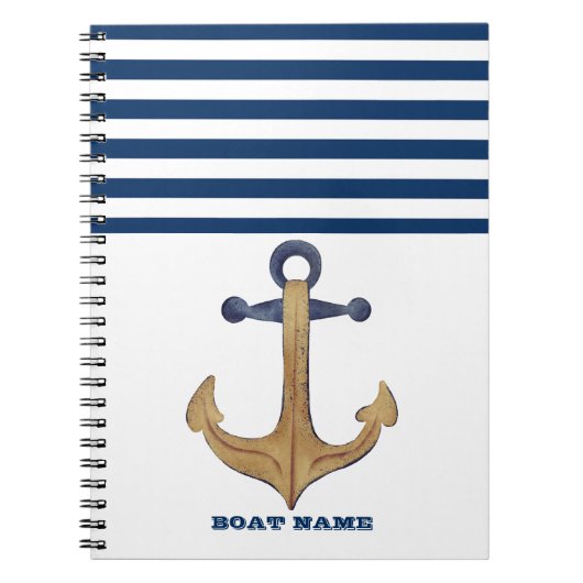 ボート航海の名、ヴィンテージいかりネイビーブルーストライプ ノートブック (正面)