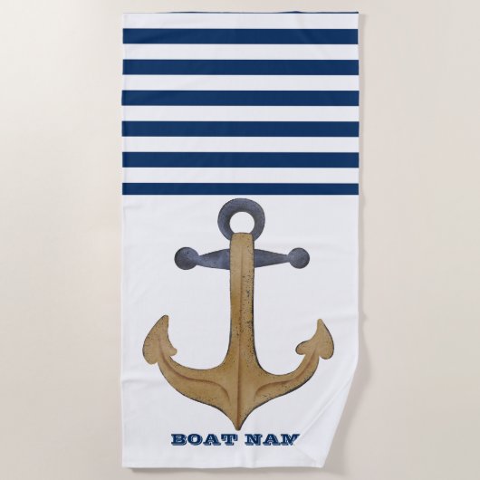 ボート航海の名、ヴィンテージいかりネイビーブルーストライプ ビーチタオル (正面)