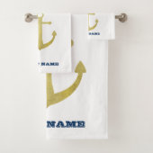 ボート航海の名、金ゴールドいかりネイビーブルーストライプの バスタオルセット (インサイチュ)