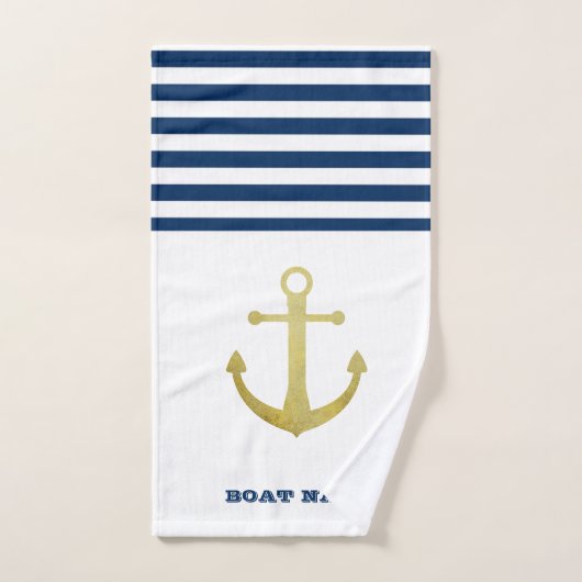 ボート航海の名、金ゴールドいかりネイビーブルーストライプの バスタオルセット (ハンドタオル)