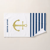 ボート航海の名、金ゴールドいかりネイビーブルーストライプの バスタオルセット (ハンドタオル)