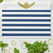 ボート航海の名、金ゴールドいかりネイビーブルーストライプズ キッチンタオル (折り畳み)