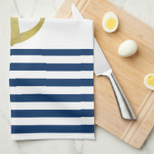 ボート航海の名、金ゴールドいかりネイビーブルーストライプズ キッチンタオル (四つ折り)