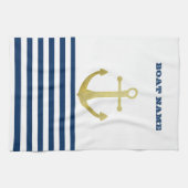 ボート航海の名、金ゴールドいかりネイビーブルーストライプズ キッチンタオル (横)