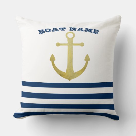 ボート航海の名、金ゴールドいかりネイビーブルーストライプズ クッション (正面)