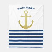 ボート航海の名、金ゴールドいかりネイビーブルーストライプズ フリースブランケット (正面)