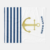 ボート航海の名、金ゴールドいかりネイビーブルーストライプズ フリースブランケット (正面(横))