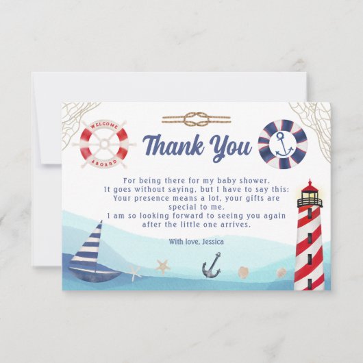 ボート航海の灯台ブルー赤ベビーシャワー サンキューカード (正面)