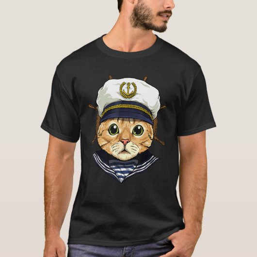 ボート船長猫船愛好家オーナー船乗り Tシャツ (正面)