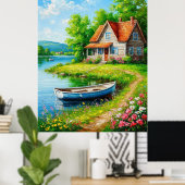 ボート魅力的付きレイクサイドコテージ ポスター (ホームオフィス)