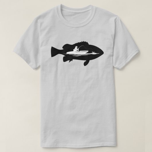 ボート魚釣り白黒 Tシャツ (デザイン正面)