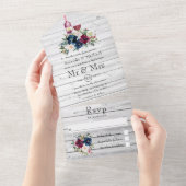 ボードとネイビーの水色フローラ オールインワン招待状 (貼ってはがせる)