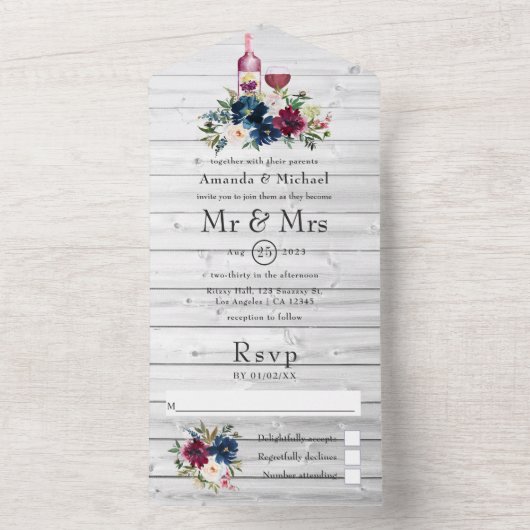 ボードとネイビーの水色フローラ オールインワン招待状 (内側)