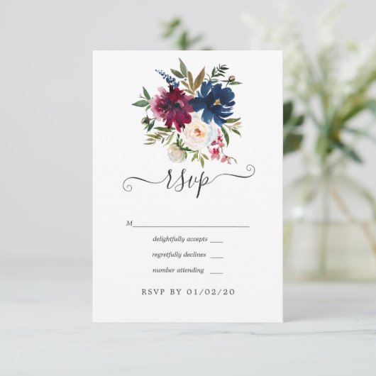 ボードとネイビーの水色フローラ 出欠カード (スタンド正面)