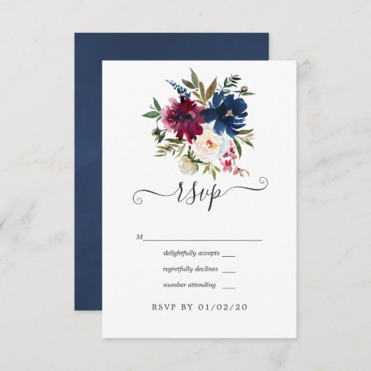 ボードとネイビーの水色フローラ 出欠カード (正面/裏面)