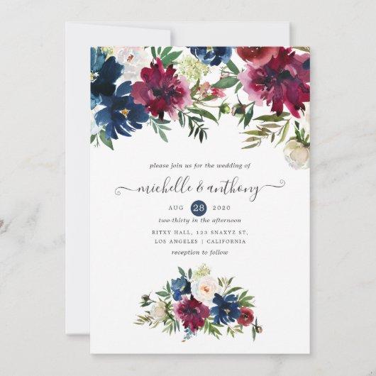 ボードとネイビーの水色フローラ 招待状 (正面)