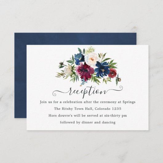 ボードとネイビー水色フローラ披露宴 エンクロージャーカード (正面/裏面)