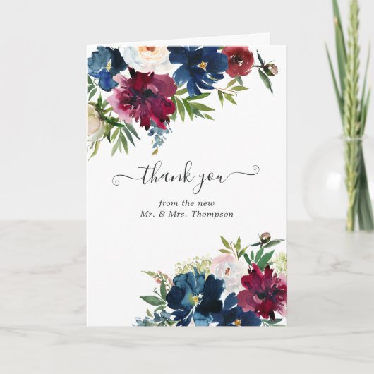 ボードと海軍の水色のフローラ結婚の写真 サンキューカード (正面)