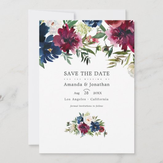 ボードと海軍の水色のフローラ結婚の写真 セーブザデート (正面)