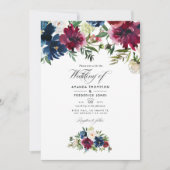 ボードと海軍の水色のフローラ結婚の写真 招待状 (正面)