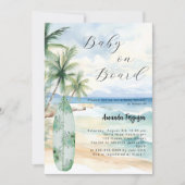 ボードにベイビー サーフボードトロピカルビーチ ベビーシャワー 招待状 (正面)