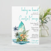 ボードにベイビー、サーフボード、パームツリー ベビーシャワー 招待状 (スタンド正面)