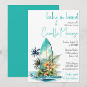ボードにベイビー、サーフボード、パームツリー ベビーシャワー 招待状 (正面/裏面)