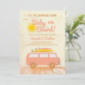 ボードに赤ちゃん ピンクの女の子 サーフボード ベビーシャワー 招待状 (スタンド正面)