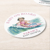 ボードに赤ちゃん 水彩サーフィンガール ベビーシャワー ラウンドペーパーコースター (アングル)